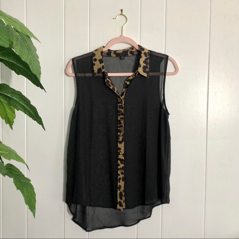 Sheer Button Down Tank Blouse w/ Leopard Trim